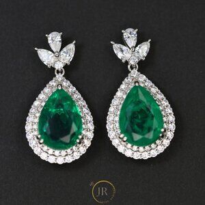 925 Silver Teardrop Earrings · Emerald CZ · Double Halo · Elegant Floral Design.